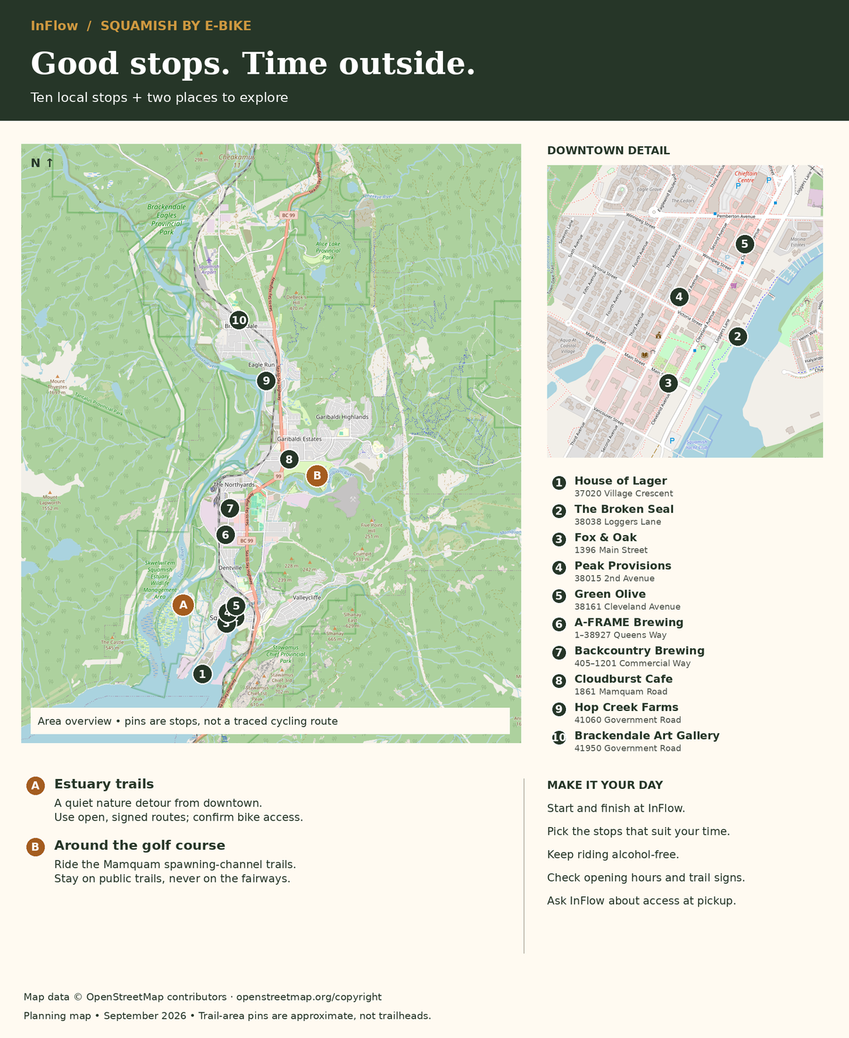 Squamish e-bike guide with ten business stops including Brackendale Art Gallery, plus estuary and golf course trail areas.