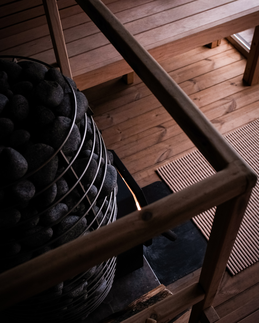 HUUM wood-fired stove inside the floating sauna