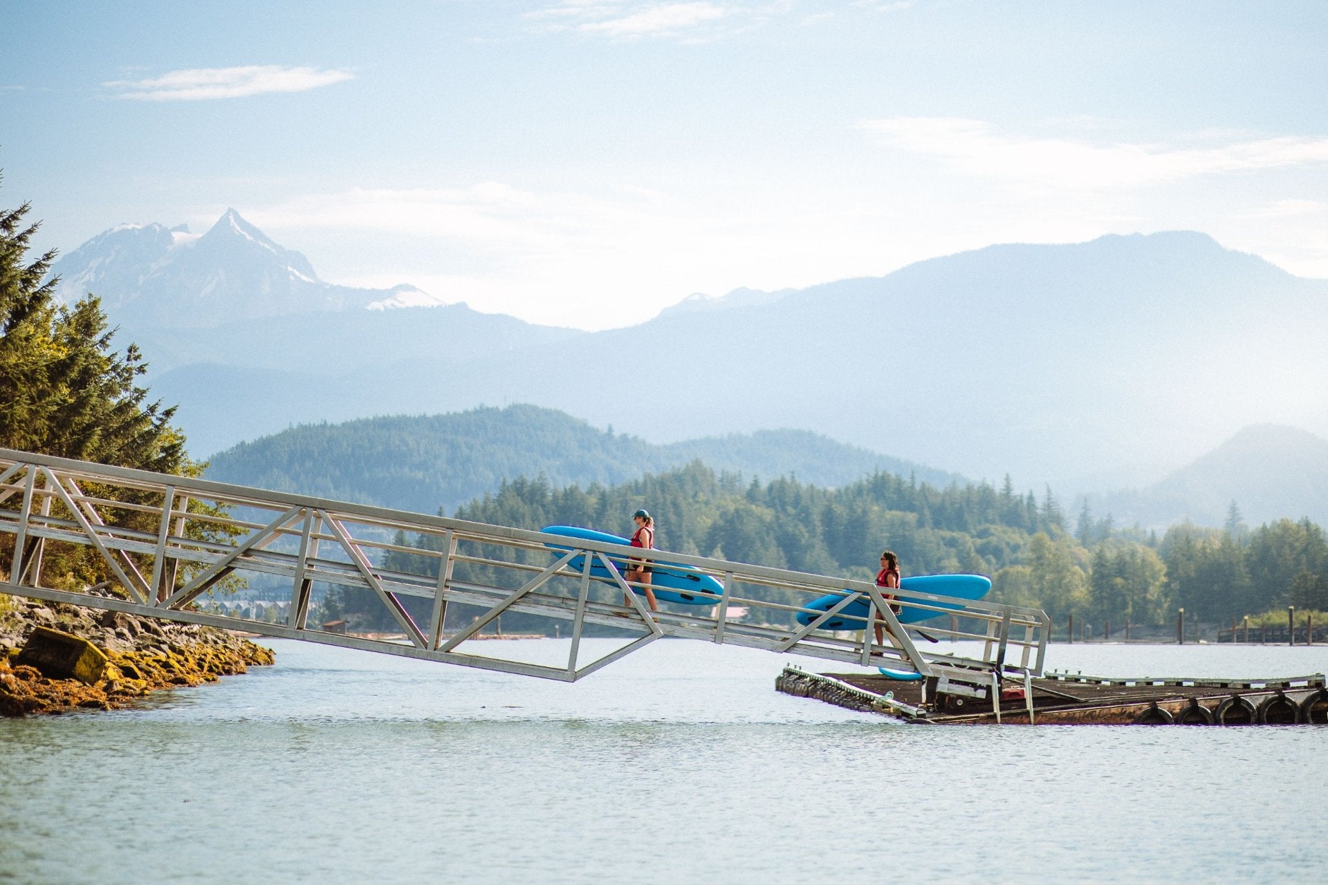Dock access at the Squamish oceanfront with Howe Sound and mountains beyond